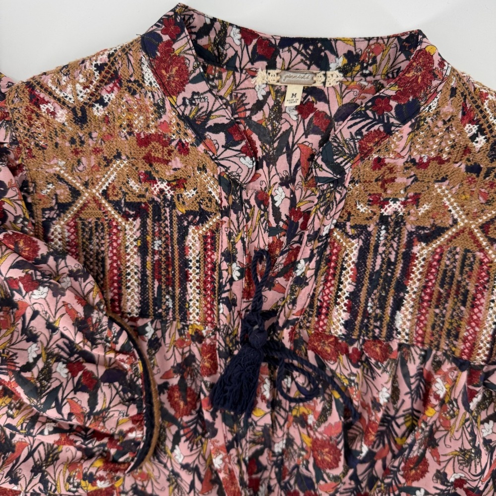 Gimmicks BKE Medium Floral Embroidered Boho Cardigan Blouse Pink Black Sheer